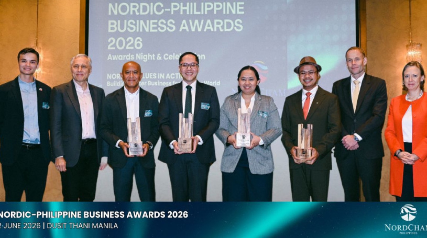 Winners on stage with their trophies at the Nordic Philippine Business Awards 2026